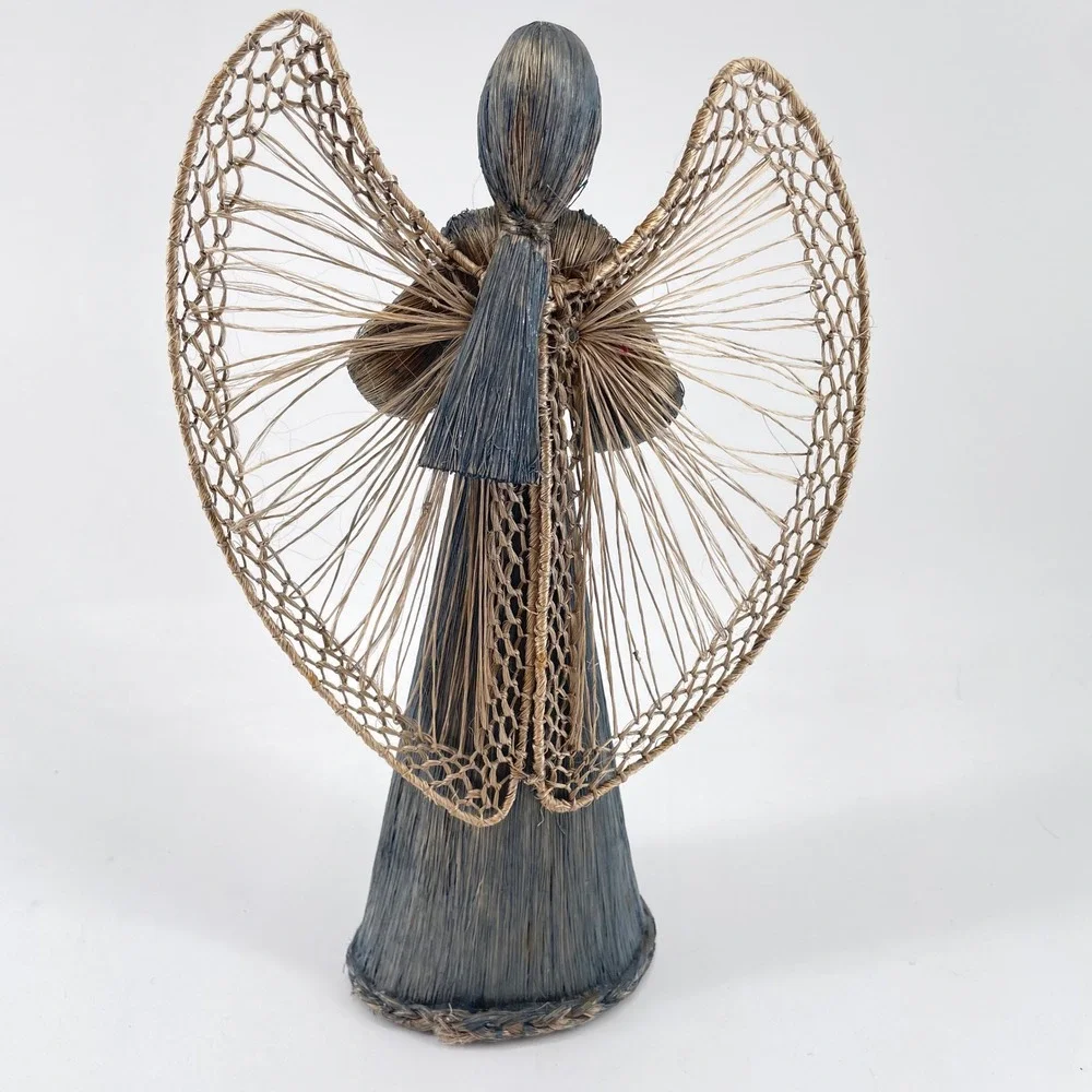 Vintage Angel Christmas Decor Set Lace Sisal Straw Figures Wooden Ornaments 6pc